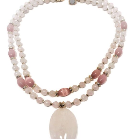 Two Strands Rose Quartz And Pink Tiger Eye Necklace With Rose Quartz Drop - Picture 3 of 3